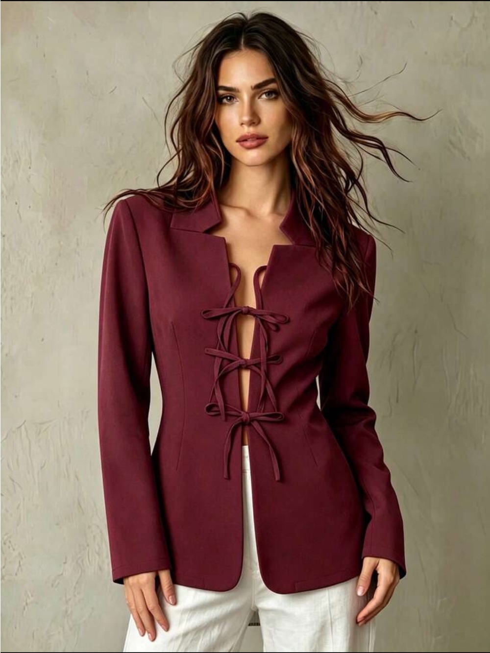 women burgundy maroon dark red tie knot bow notched collar jacket cardigan